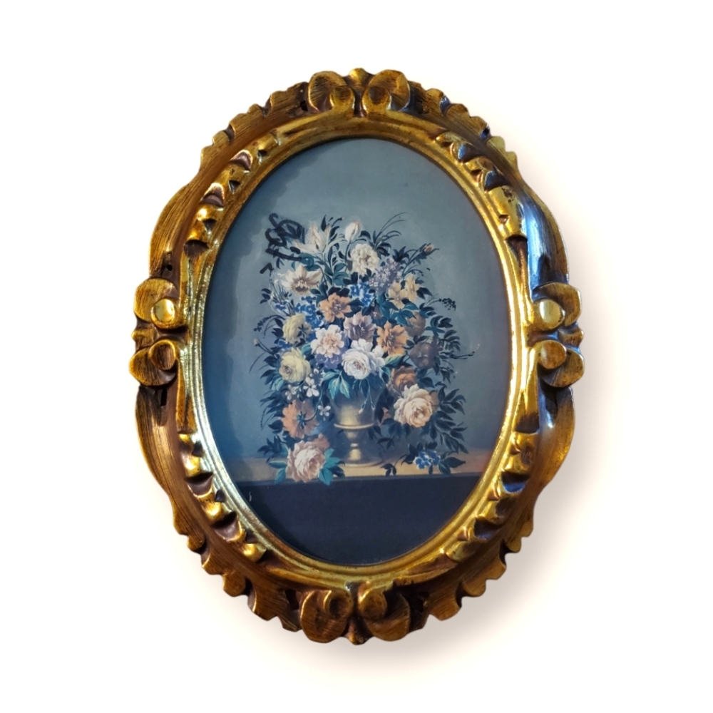 Vintage Italian Oval Gilt Metal Frame Floral Prints